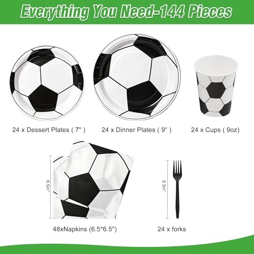 144 Pcs Soccer Tableware Set for 24 Guests, Heavy-Duty 7" & 9" Paper Plates, Cups, 2-Ply 13" Napkins & Plastic Forks, Disposable Party Supplies for Game Day and Birthday - Image 2