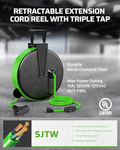 DEWENWILS 30FT Extension Cord Reel, 16/3 Gauge SJTW Power Cord, Retractable Cord Reel with 3 Outlets, Ceiling/Wall Mount for Garage, Workshop, 10A Circuit Breaker, Metal Plate, UL Listed, Green - Image 2