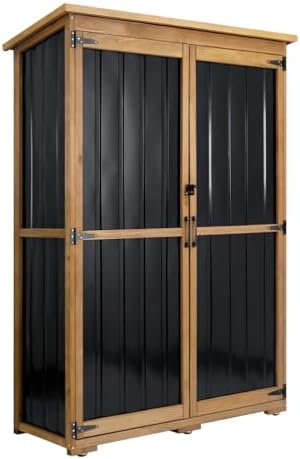 Outdoor Storage Cabinet Waterproof with Shelves, Outdoor Storage Shed Garage Cabinet Weatherproof, Wood & Metal Outside Patio Backyard Garden Pool Storage Tool Organizer by PETSCOSSET