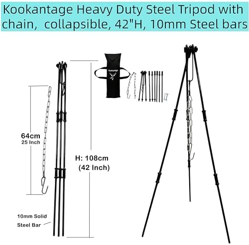 Heavy Duty Steel Tripod with Chain, Collapsible 42" H, 10mm Solid Steel Bars Black Steel Tripod,Adjustable Camping Tripod for Cast Iron Dutch Oven Pot on The Wild Camping - Image 2