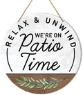 Muktoujaumai Patio Sign Decor, Patio Round Hanging Sign Decor Farmhouse Wall Decorations Outdoor Living Wood Sign for Porch, Deck, Backyard, Housewarming Gift for New House Home, We're Patio Time by Muktoujaumai