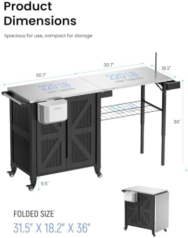 Outdoor Grill Cart with Storage Cabinet, 2-in-1 BBQ Prep Table with Foldable Side Shelf, Stainless Steel Top, Paper Towel Holder, Trash Bag Holder & Locking Wheels for Patio - Image 7