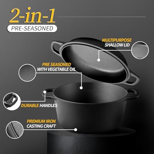 EDGING CASTING 2-in-1 Pre-Seasoned Cast Iron Dutch Oven Pot with Skillet Lid Cooking Pan, Cast Iron Skillet Cookware Pan Set with Dual Handles Indoor Outdoor for Bread, Frying, Baking, Camping, 7QT - Image 2