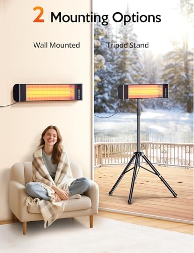 VAGKRI Outdoor Heaters, Electric Infrared Patio Heater with Remote and 12H Timer, IP65 Waterproof, 3 Heat Levels, Wall Mount or Tripod Stand for Home, Office, Patio, Garage - Image 4