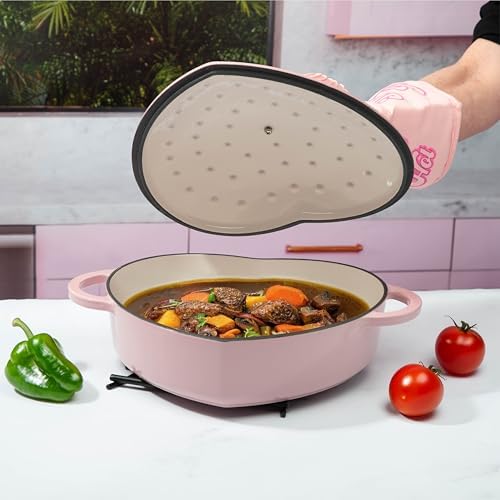 Paris Hilton Enameled Cast Iron Braiser, Heart-Shaped Skillet with Lid, Superior Heat Retention Casserole, Stovetop and Oven-to-Table, 3.5-Quart, Pink - Image 2