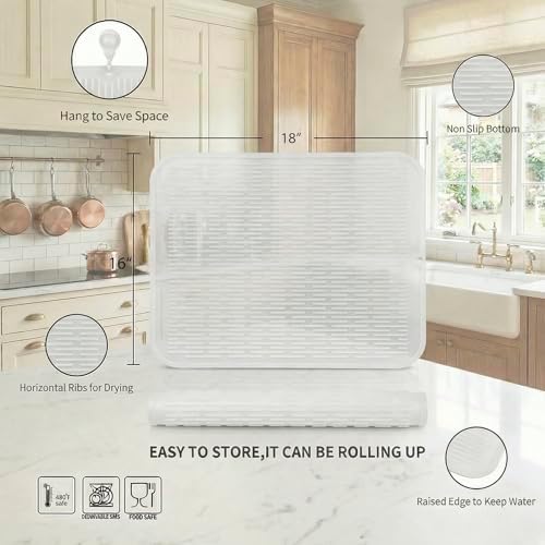 MicoYang Silicone Dish Drying Mat for Multiple Usage,Easy clean,Eco-friendly,Heat-resistant Silicone Mat for Kitchen Counter or Sink,Refrigerator or Drawer Liner Translucent XL 18 inches x 16 inches - Image 2