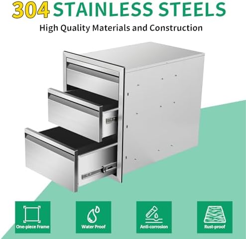 Outdoor Kitchen Drawers 16" W x 21" H x 23" D Stainless Steel Triple Drawers with Hidden Handle for BBQ Island, Patio Grill Station & Outdoor Kitchen Cabinets - Image 3