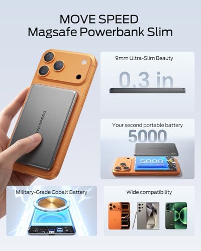 MOVE SPEED 0.3'' Ultra Slim MagSafe Portable Charger, 5,000mAh Battery Pack, Magnetic Power Bank with USB C Cable,Alloy Wireless Charger for iPhone 17 Pro Max/17 Air/16/15/14/13/12, Starry Gray - Image 2