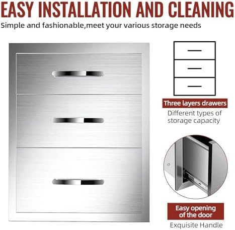 Outdoor Kitchen Drawers Stainless Steel, BBQ Drawer Inserts for Built-in Patio Grill Station, Triple Drawer, 16''W x 21''H x 23''D - Image 6