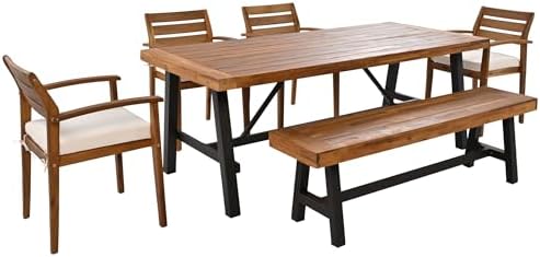 6-Pcs Outdoor Patio Dining Table & Chair & Bench Set for 6, Wooden Outdoor Dining Table Set with Removable Cushion, 6-Pcs, Wood - Image 7