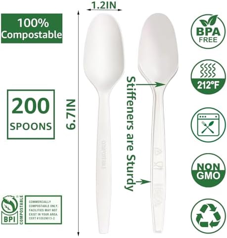 MISISIPI 200Count 100% Compostable Spoons Biodegradable Spoon HeavyDuty No Plastic Spoons Eco-friendly HeavyWeight Disposable Spoon Tableware Set for Lounge,Party,BBQ,Cafeteria,Wedding,Picnic - Image 3
