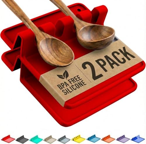2 Pack Red Silicone Spoon Rest for Stove Top Kitchen Spoon Holder Set by CoolerKitchen