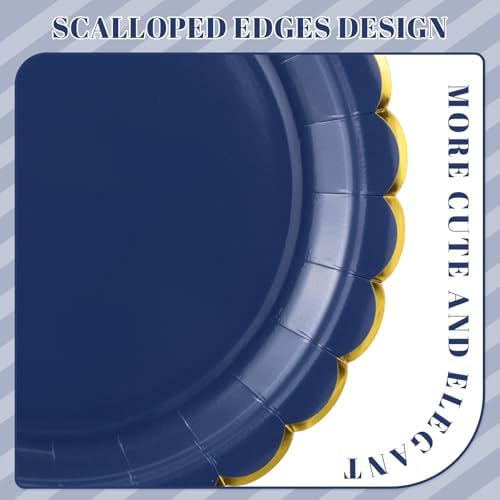 NatNarr 30 Pk Navy Blue Paper Plates 9" Scalloped Blue Gold Party Plates - Image 3