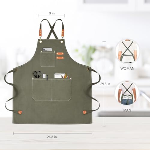 OUNLEN Chef Apron for Men Women Canvas Aprons with 3 Pockets Cross Back Resistant Work Apron for Cooking - Image 2