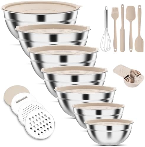 Stainless Steel Mixing Bowls Set with Lids & 3 Grater Attachments, Khaki by ENVTEK