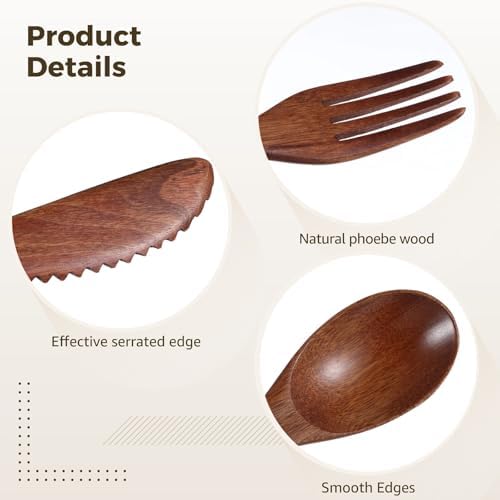 24 Pcs Wooden Utensils for Eating - Wooden Spoon Fork Knife Cutlery Set Reusable Wood Flatware Dinner Tableware Set for Daily Meals, Travel, Camping, Picnic - Image 4