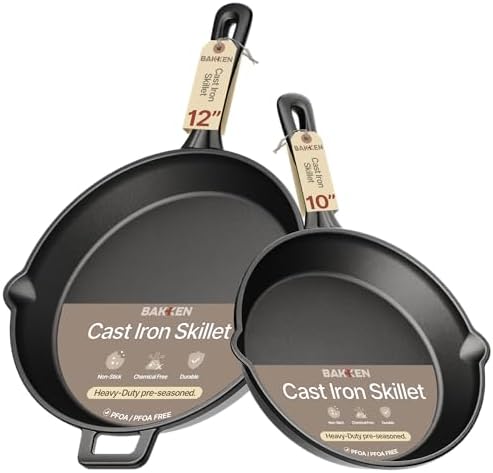 Bakken Cast Iron Skillet Set, 10" & 12" Pre-Seasoned Frying Pans with Even Heat Retention, Versatile for Stove, Oven, Grill & Campfire, Easy-Grip Handles, Hand Wash Only, 4.41 lbs & 6.61 lbs by BAKK%C3%8BNMASTER
