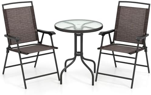 Goplus Patio Bistro Set, 3-Piece Patio Dining Furniture Set with Round Tempered Glass Table, 2 Foldable Chairs, Small Outdoor Folding Chairs & Table Set for Porch Garden Pool Yard by Goplus