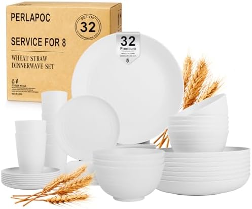 Wheat Straw Dinnerware Sets Service for 8, 32 Piece Plates and Bowls Sets, Microwave & Dishwasher Safe Dishes, Perfect for Kitchen Camping Picnic RV Dorm - White by Perlapoc