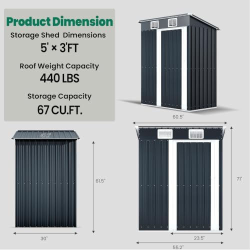 5x3 FT Outdoor Storage Shed, Weatherproof Garden Shed with Lockable Double Doors, Sloped Roof & Ventilation for Backyard, Patio, Poolside - Image 2