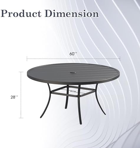Outdoor Dining Table for 8, 60" Round Outdoor Table with Adjustable Umbrella Hole, All-Weather Metal Patio Dining Table for Lawn Garden Backyard Deck, Black - Image 2