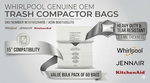 Whirlpool W10165294RB Genuine OEM Trash Compactor Bags, 60-Pack, 15-Inch, 2.5-Mil Heavy-Duty, Leak-Proof, Fits KitchenAid Maytag JennAir Kenmore - Image 3