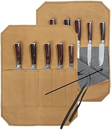 Denifiter Knife Roll, Knife Cases Organizer-Durable Waxed Canvas With Cut Resistant Lining -5 Pockets (Khaki) by Denifiter
