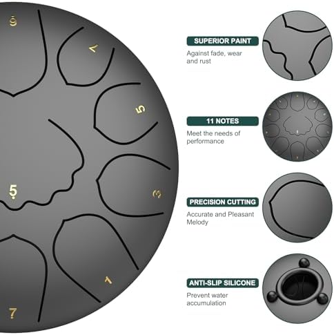 Rain Drum for Outside Garden, 8 Inches 11 Notes Steel Tongue Chakra Drum, Waterproof Meditation Rain Chime, Musical Instruments for Adult Gift with Bag, Music Book, Mallets (Black) - Image 3