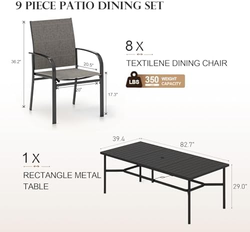 HERA'S HOUSE 9pc Outdoor Patio Dining Set for 8, Textilene Chairs, Brown - Image 6