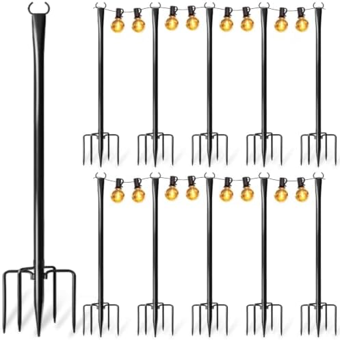 10 Pack String Light Poles for Outside, Upgraded Heavy-Duty Metal Poles for Outdoor String Lights with Fork, Adjustable Lighting Hanging Accessories for Patio Decor Pergola Backyard Garden Decorations by Nexillumi