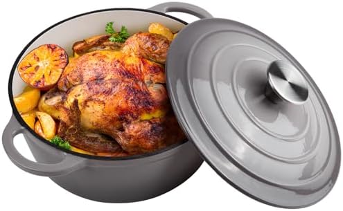 3 Quart Dutch Oven Enameled Cast Iron with Lid - Big Dual Handles - Oven Safe up to 500°F - Classic Round Pot for Versatile Cooking Light Gray by Alathote