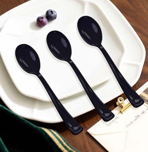 SietDESEO 50 PCS Black Plastic Spoons Disposable Utensils Heavy Duty Black Spoons Disposable Cutlery for Birthday Wedding Baby Shower Bridal Shower Plastic Silverware - Image 5
