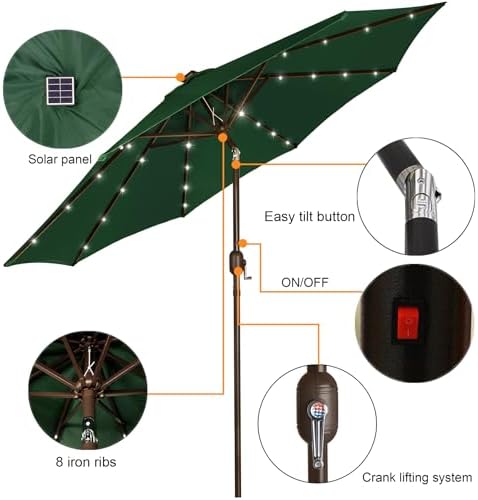 Blissun 9 ft Solar Umbrella, 32 LED Lighted Patio Umbrella, Table Market Umbrella, Outdoor Umbrella for Garden, Deck, Backyard, Pool and Beach (Dark Green) - Image 2