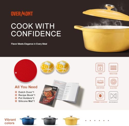 Overmont Enameled Cast Iron Dutch Oven - 5.5QT Pot with Lid Cookbook & Cotton Potholders - Heavy-Duty Cookware for Braising, Stews, Roasting, Bread Baking - Image 5