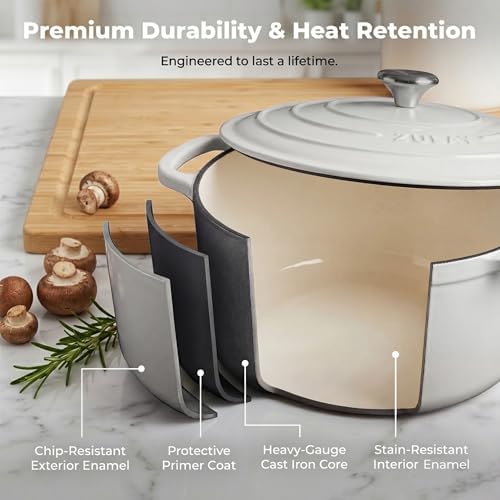 Zulay Kitchen 5 Quart Enameled Cast Iron Dutch Oven Pot with Lid – Premium Durability & Oven Safe up to 500°F – Heavy Duty Cookware Perfect for Bread Baking, Stews, Braising & Roasting – White - Image 5