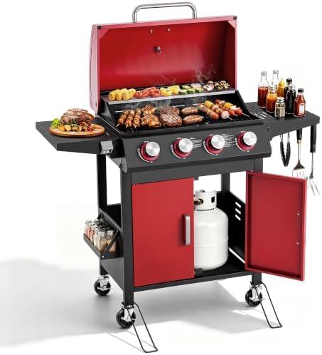 HUGROVE Upgraded 4-Burner Propane Gas Grill for Outdoor Cooking Red by HUGROVE