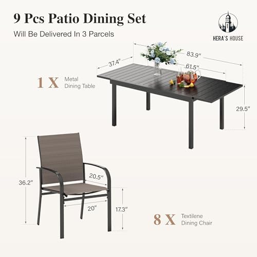 HERA'S HOUSE 9pc Patio Dining Set, Extendable Metal Table, Brown Chairs - Image 6