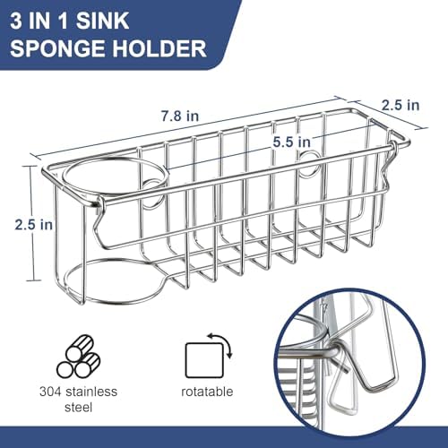 3-In-1 Sponge Holder for Kitchen Sink with Suction Cups & Adhesive Hook , In-sink Sponge Holder, Wall Hanging Sink Caddy Organizer Rack - Sponge, Dish Cloth, Brush, Scrubber - 304 Stainless Steel - Image 6