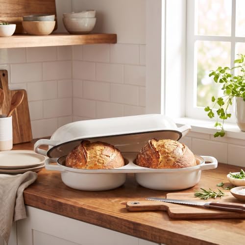 EDGING CASTING Enameled Cast Iron Double Bread Dutch Oven, White - Image 4