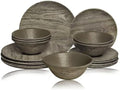 TP 18-Piece Dinnerware Set, Melamine Dishes Set with Bowls and Plates, Service for 6, Non-breakable Lightweight Dining Tableware, Grayish-brown Wood Grain by TastePrime