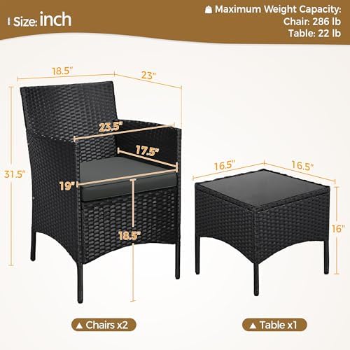 Yaheetech 3 Pieces Patio Porch Furniture Set, Outdoor PE Rattan Wicker Conversation Set with Soft Cushions, Glass Coffee Table & 2 Chairs for Garden/Deck/Courtyard/Poolside, Black/Gray - Image 4