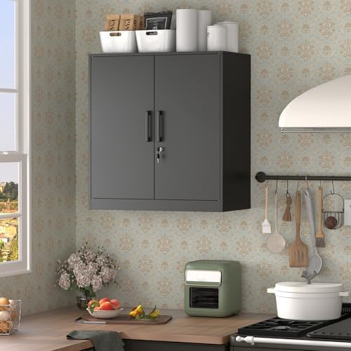 IRONFFICE Metal Wall Cabinet,Garage Cabinet with Handle,Lockable Storage Cabinets Wall Mounted with 2 Doors,Locking Cabinet with Shelves for Basement,Office,Living Home,Black - Image 5