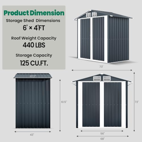 6x4 FT Outdoor Storage Shed, Weatherproof Garden Shed with Lockable Double Doors, Sloped Roof & Ventilation for Backyard, Patio, Poolside - Image 3