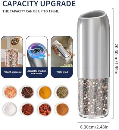 CIRCLE JOY Gravity Electric Salt and Pepper Grinder Set, Battery Powered Automatic Pepper Mills with Adjustable Coarseness, One Hand Operation, 176ml Large Container, Silver - Includes 8 Batteries - Image 3