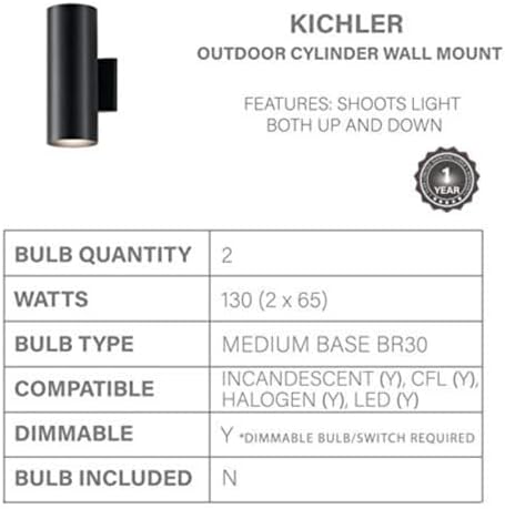 Kichler Cylinders 12" Outdoor Wall Sconce in Black, 2-Light Exterior Wall Light, Cylinder Fixture, (12" H x 5" W), 9244BK (Pack of 2) - Image 5