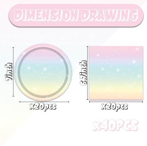 Egami 40pcs Pastel Birthday Supplies,include 20 Dessert plate and 20 Napkin,Rainbow Party Plate Napkin Set,Used for Rainbow Party Decoration - Image 2
