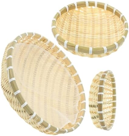 3Pcs Bamboo Woven Food Washing Basket Storage Canister Set, Khaki by Luxshiny