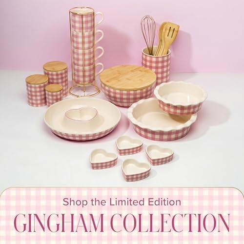 Paris Hilton Kitchen Utensils Tool Crock Set, Bamboo Cooking Tools with Gold-Finish Stainless Steel Whisk and Ceramic Stoneware Utensil Holder, Gingham Design, 7-Piece, Pink - Image 2