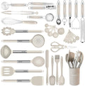 Kitchen Utensils Set-Silicone Cooking Utensils-33pcs Non-Stick Silicone Cooking Kitchen Utensils Spatula Set with Holder-Best Kitchen Cookware with Stainless Steel Handle (Khaki) by BESTZMWK