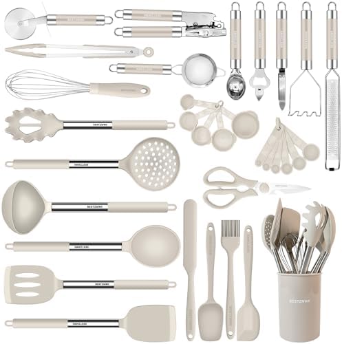 Kitchen Utensils Set-Silicone Cooking Utensils-33pcs Non-Stick Silicone Cooking Kitchen Utensils Spatula Set with Holder-Best Kitchen Cookware with Stainless Steel Handle (Khaki) by BESTZMWK